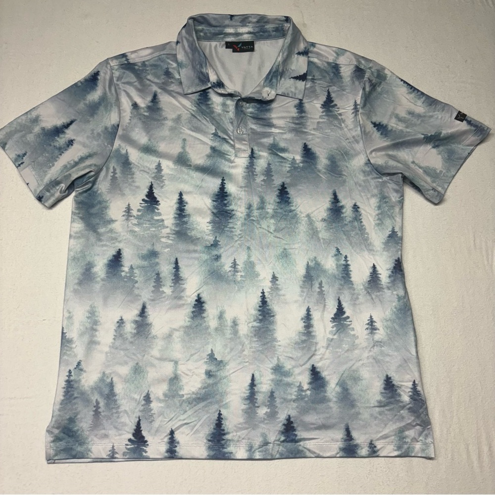 YATTA GOLF Subtle Pines Trees Men’s L Golf Polo White Blue Green